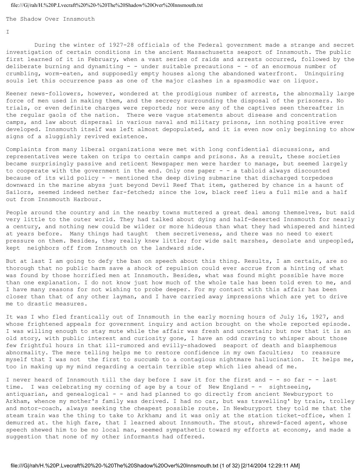 The Shadow Over Innsmouth