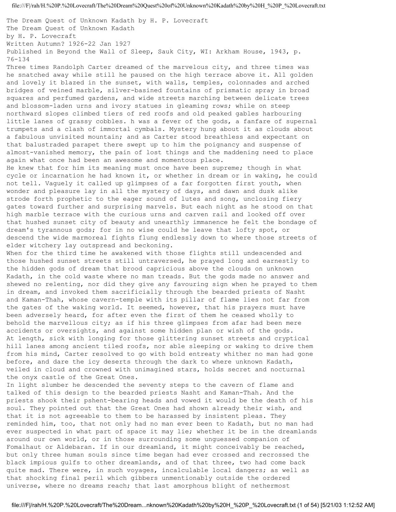 The Dream Quest of Unknown Kadath