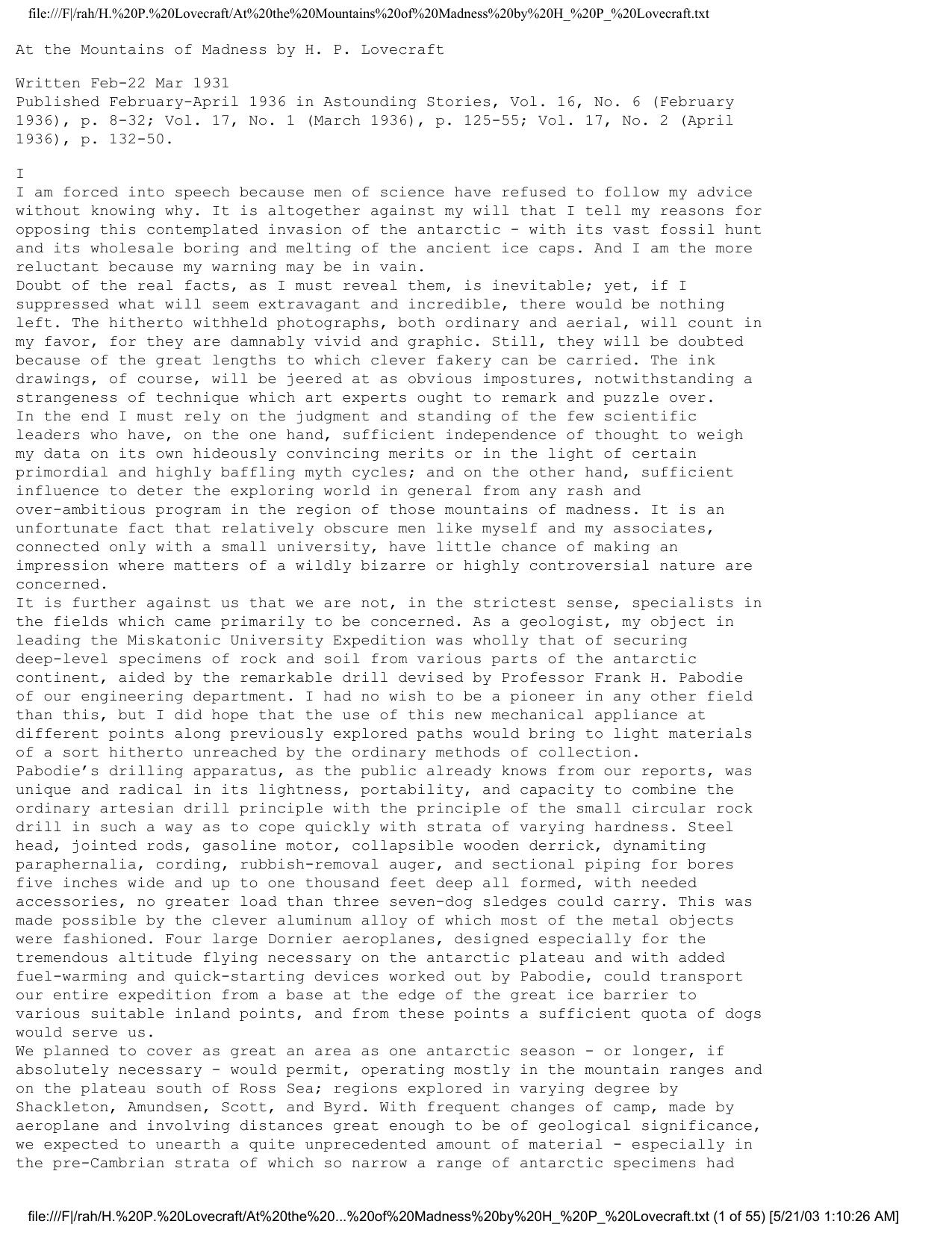 At the Mountains of Madness